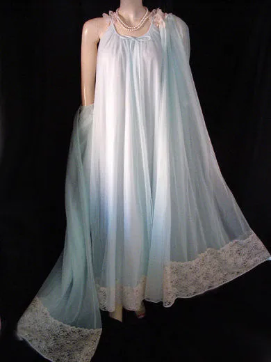 *  NEW WITH TAG - VINTAGE INTIME DOUBLE NYLON & LACE PEIGNOIR & NIGHTGOWN SET IN CARIBBEAN BLUE