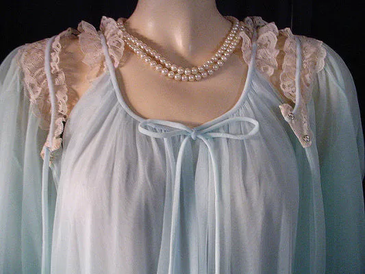 *  NEW WITH TAG - VINTAGE INTIME DOUBLE NYLON & LACE PEIGNOIR & NIGHTGOWN SET IN CARIBBEAN BLUE