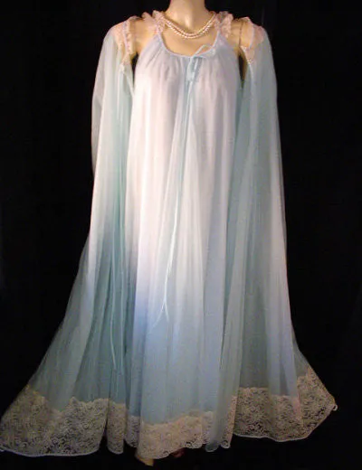 *  NEW WITH TAG - VINTAGE INTIME DOUBLE NYLON & LACE PEIGNOIR & NIGHTGOWN SET IN CARIBBEAN BLUE