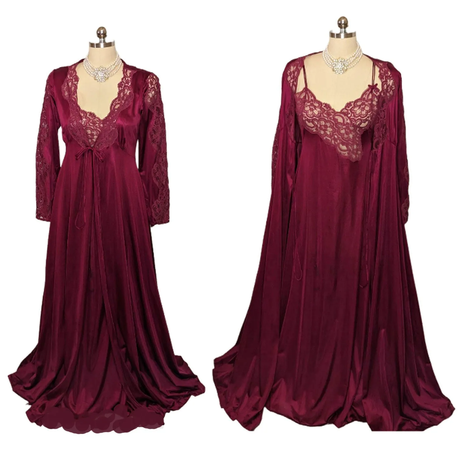 *  VINTAGE LILY OF FRANCE SLEEPWEAR LACE PEIGNOIR NIGHTGOWN SET IN ROYAL GARNET