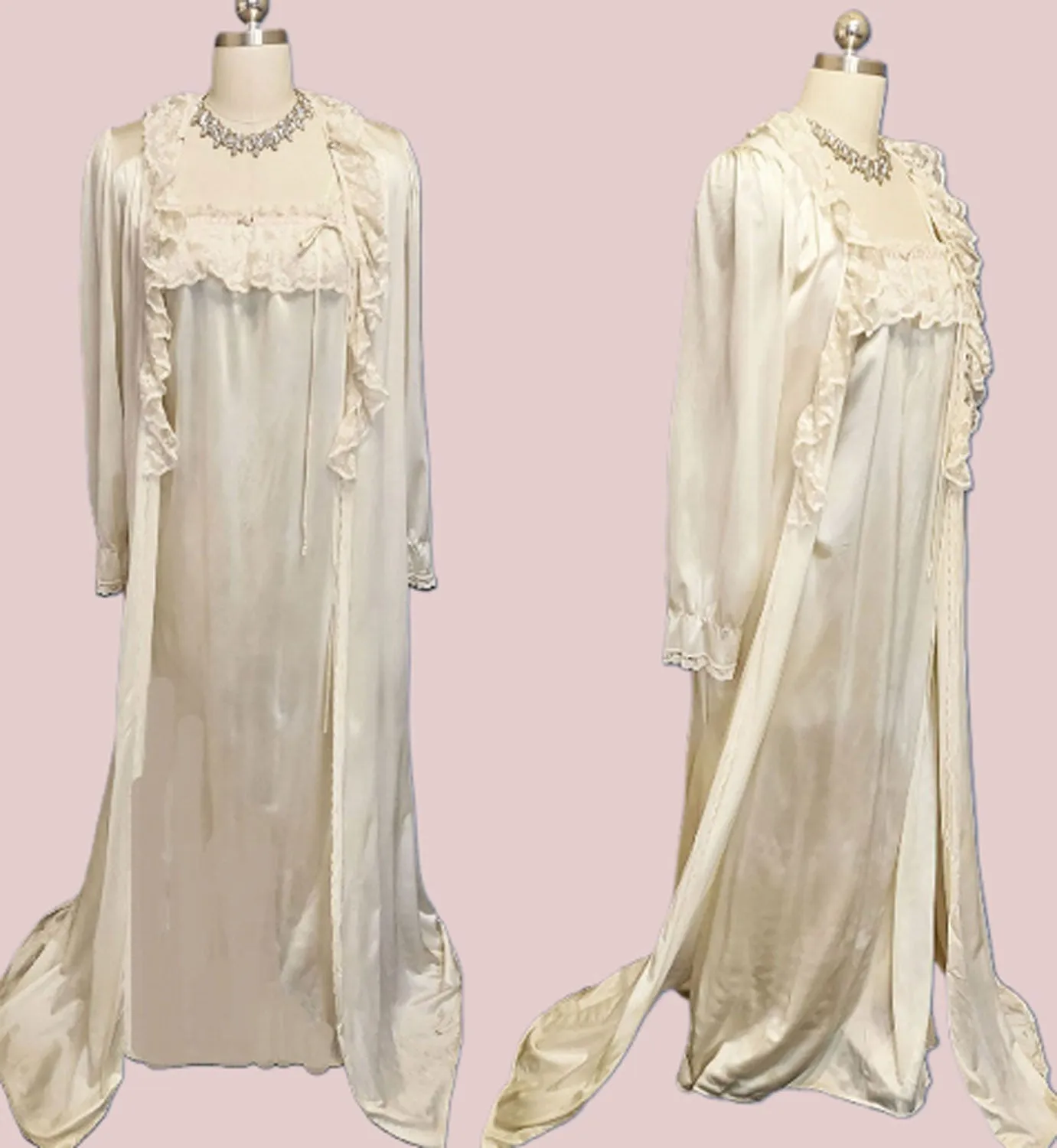 * VINTAGE TOM BEZDUDA FOR BARAD & CO. EYELET BRIDAL TROUSSEAU PEIGNOIR & NIGHTGOWN SET IN VENETIAN IVORY