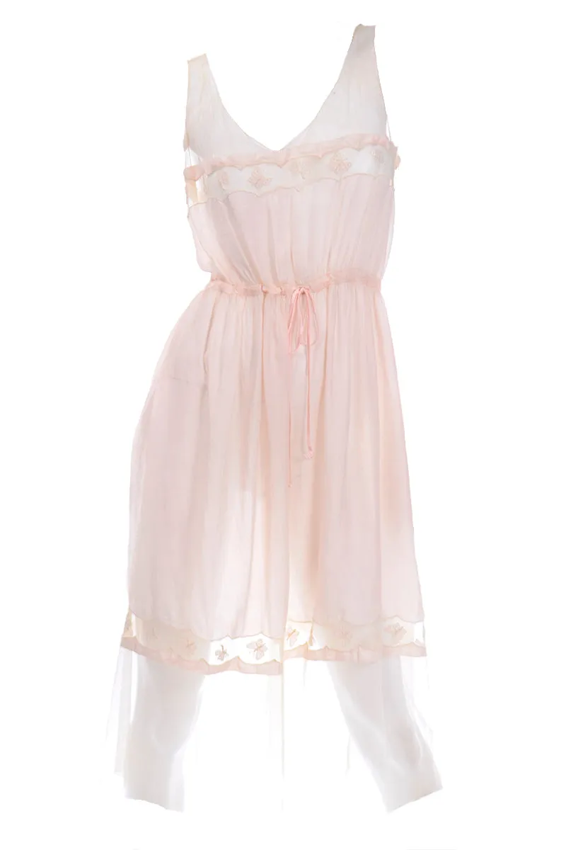 1920s Pale Pink Silk & Butterfly Lace Sleeveless Nightgown