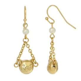 1928 Jewelry&reg; 14K Gold Dipped Cat Face With Faux Pearl & Chain Drop Wire Earrings