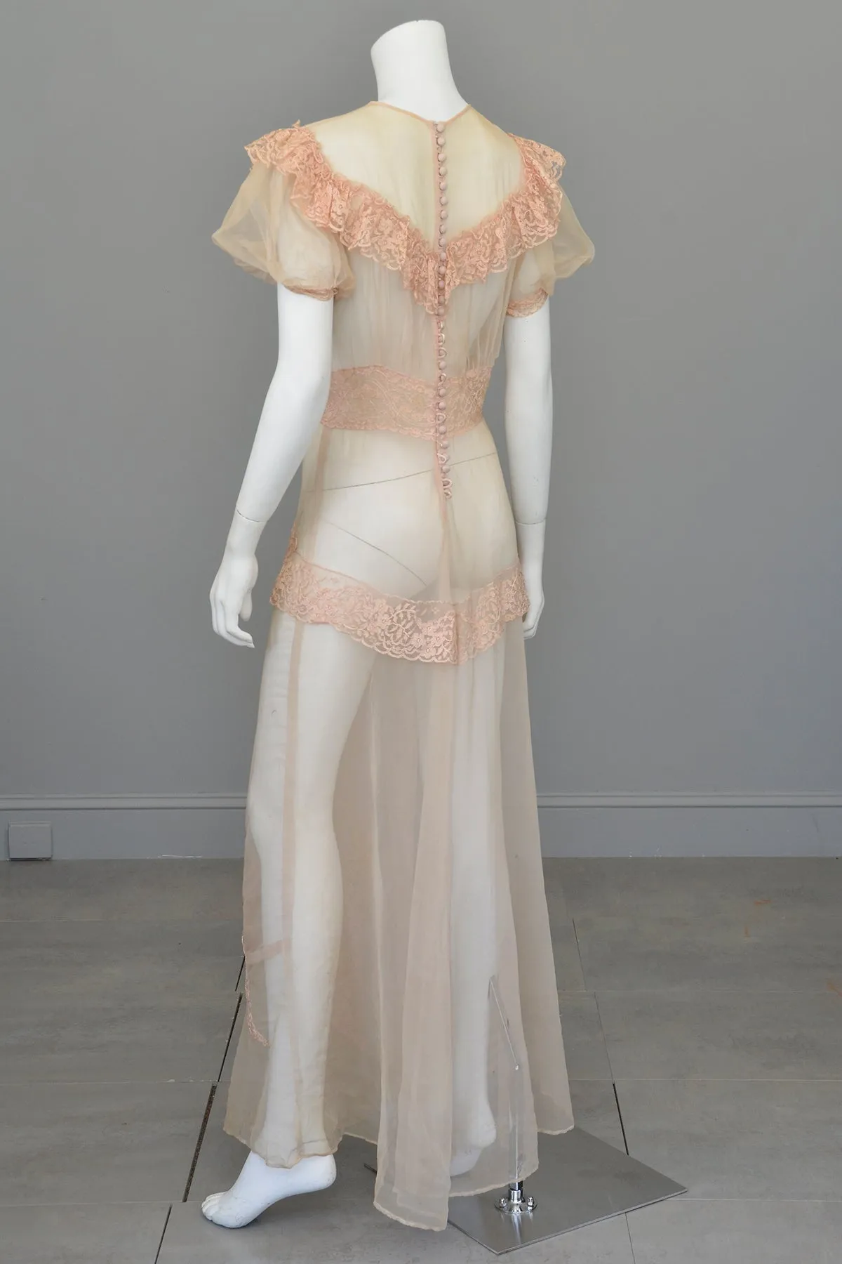 1930s Shell Pink Lace Ruffles Puff Sleeves Gown | Mesh Netting | Restoration or Study