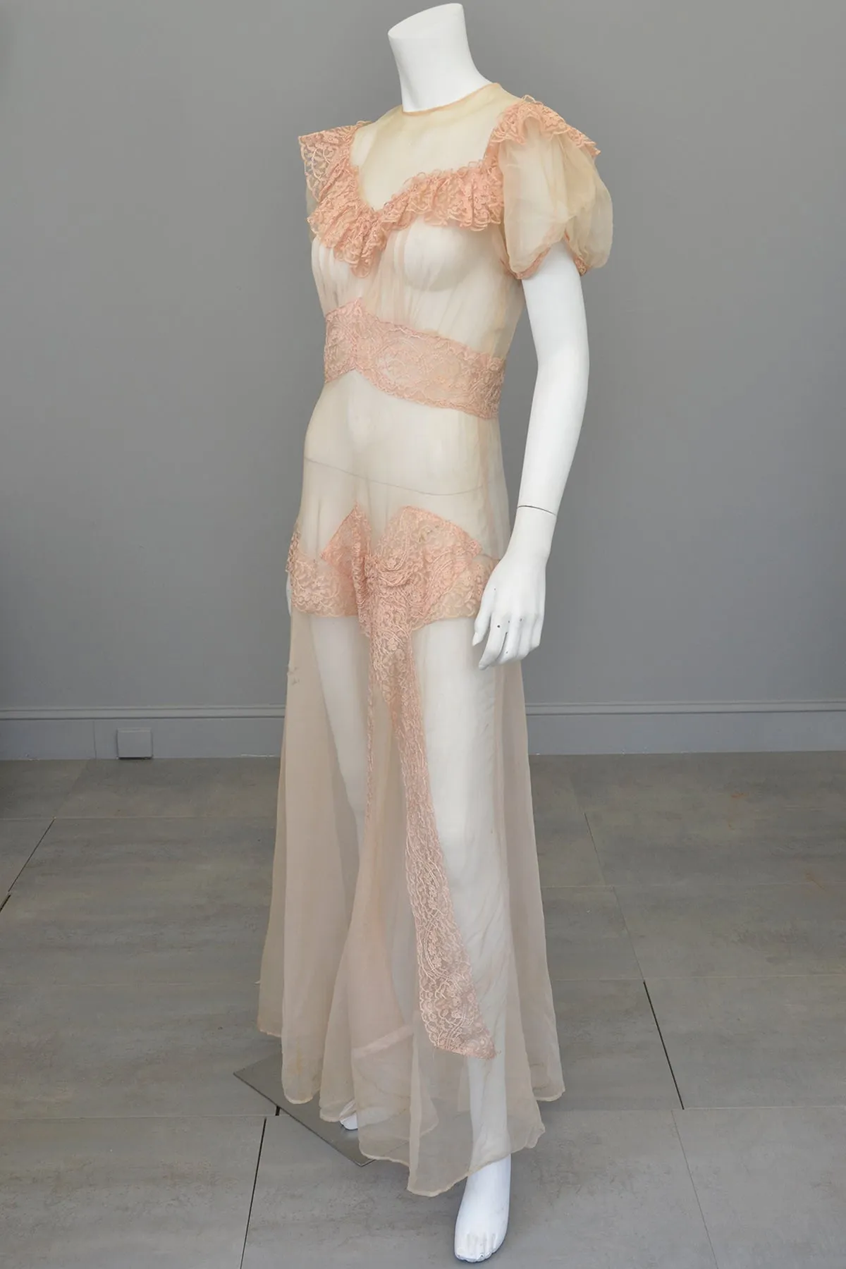 1930s Shell Pink Lace Ruffles Puff Sleeves Gown | Mesh Netting | Restoration or Study