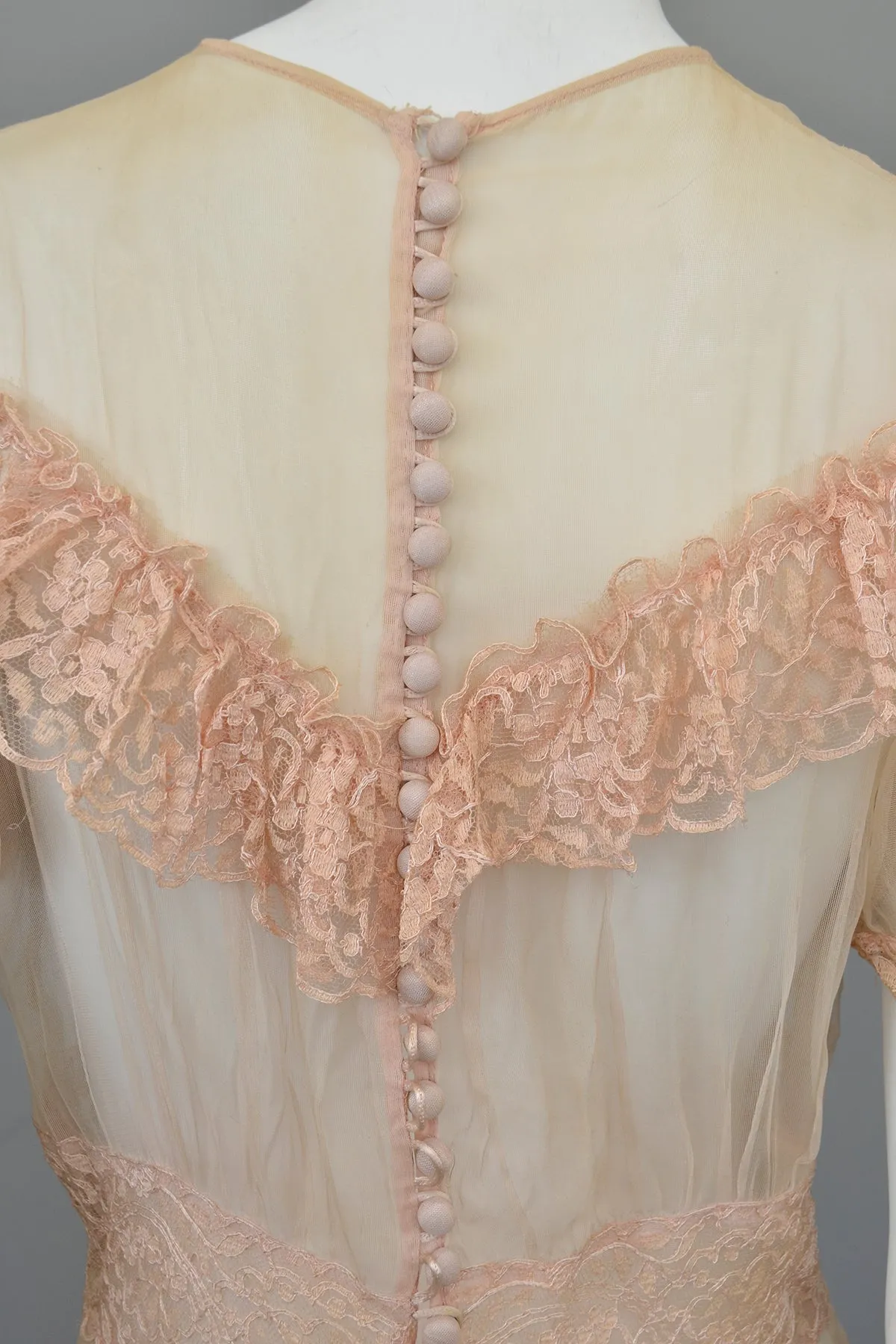 1930s Shell Pink Lace Ruffles Puff Sleeves Gown | Mesh Netting | Restoration or Study