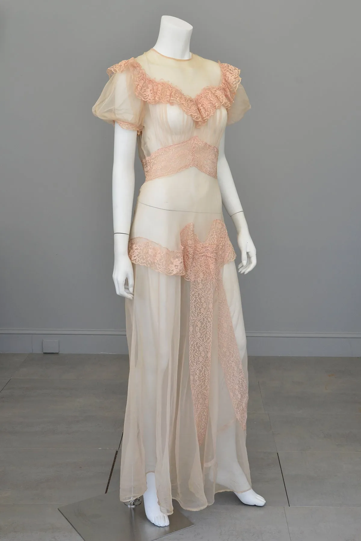 1930s Shell Pink Lace Ruffles Puff Sleeves Gown | Mesh Netting | Restoration or Study