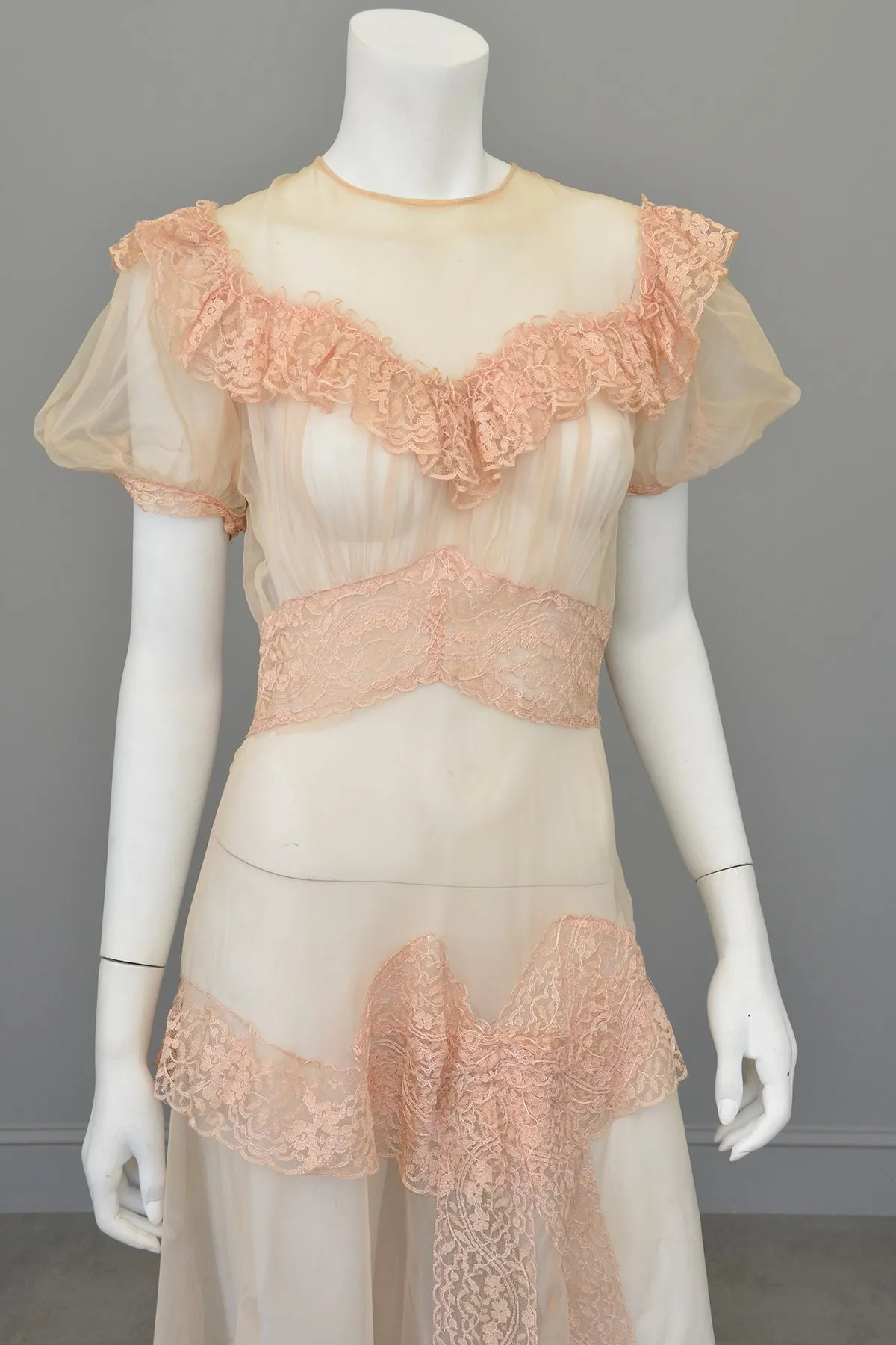 1930s Shell Pink Lace Ruffles Puff Sleeves Gown | Mesh Netting | Restoration or Study