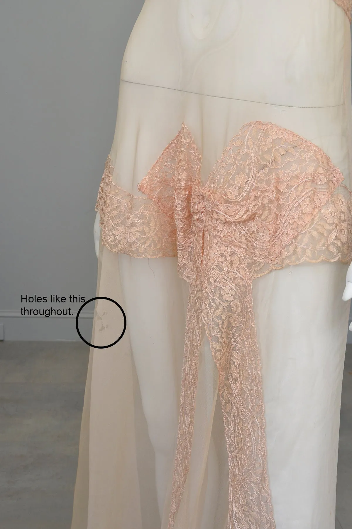 1930s Shell Pink Lace Ruffles Puff Sleeves Gown | Mesh Netting | Restoration or Study