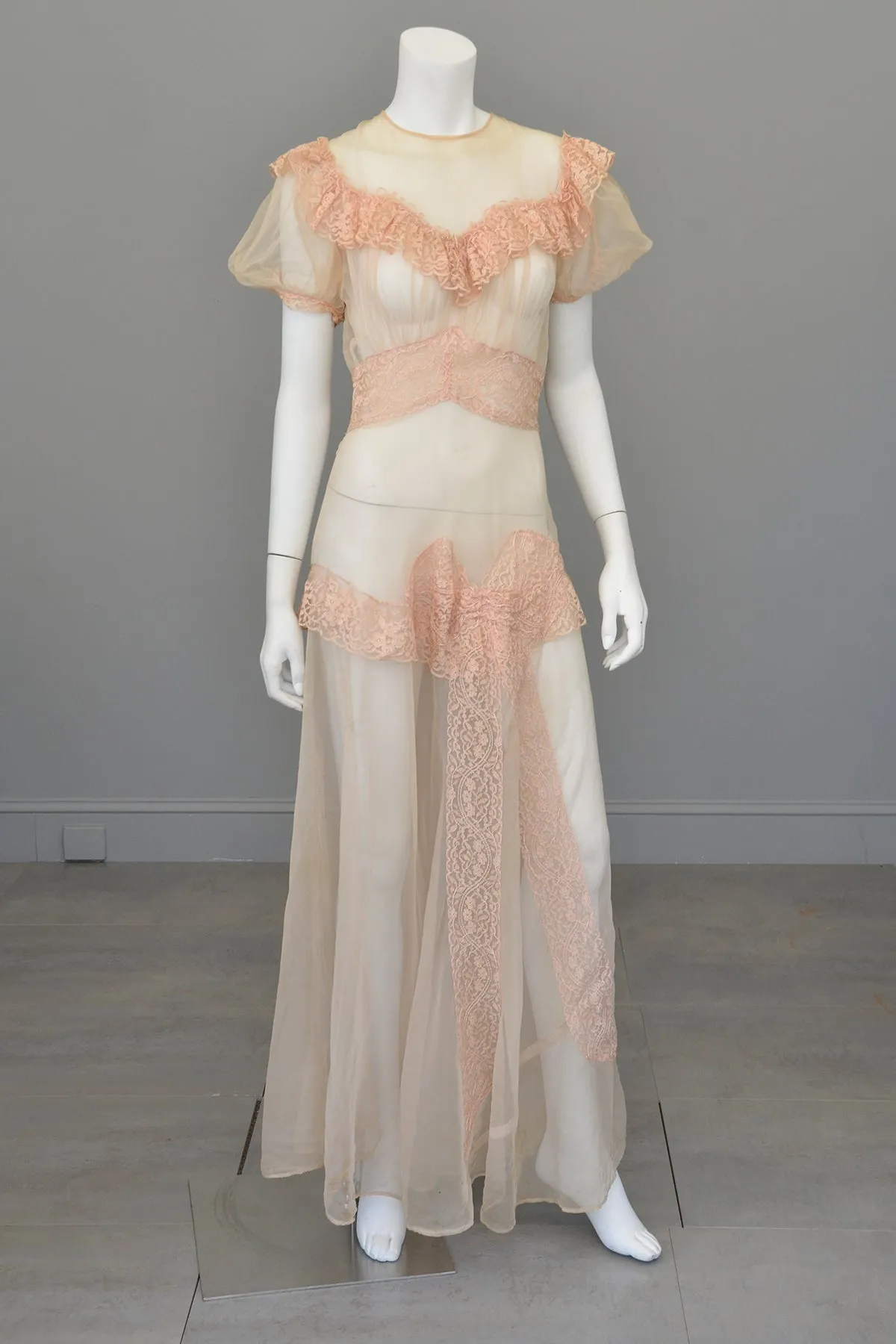 1930s Shell Pink Lace Ruffles Puff Sleeves Gown | Mesh Netting | Restoration or Study