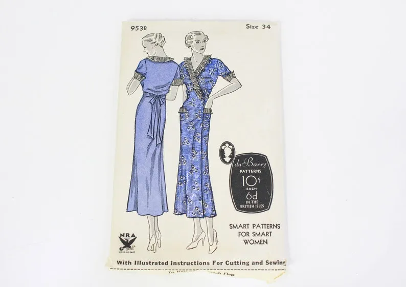 1930s Women's Dress Sewing Pattern DuBarry 953B, Complete, Bust 34