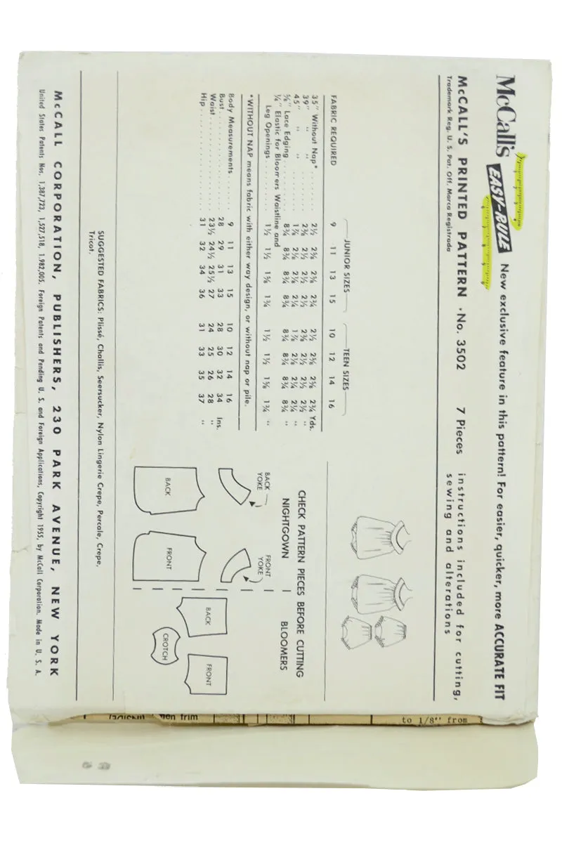 1955 McCalls 3502 Vintage Babydoll Shortie Nightgown & Bloomers