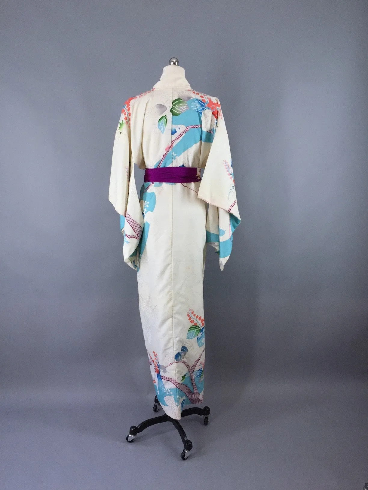 1960s Vintage Kimono Robe / Aqua Floral