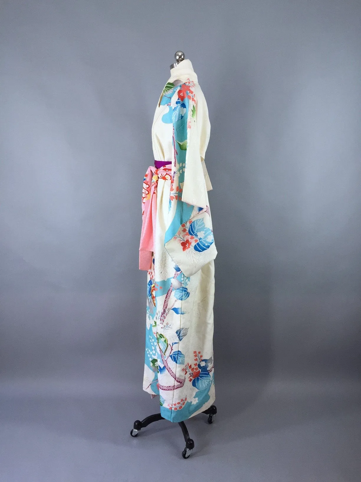 1960s Vintage Kimono Robe / Aqua Floral