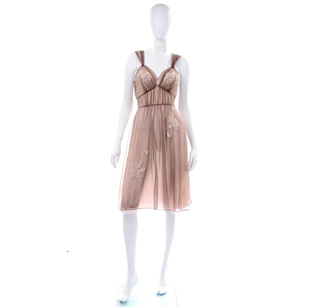 1960s's Brown Sheer Chiffon Nightgown w/ Lace & Butterfly Applique Detail