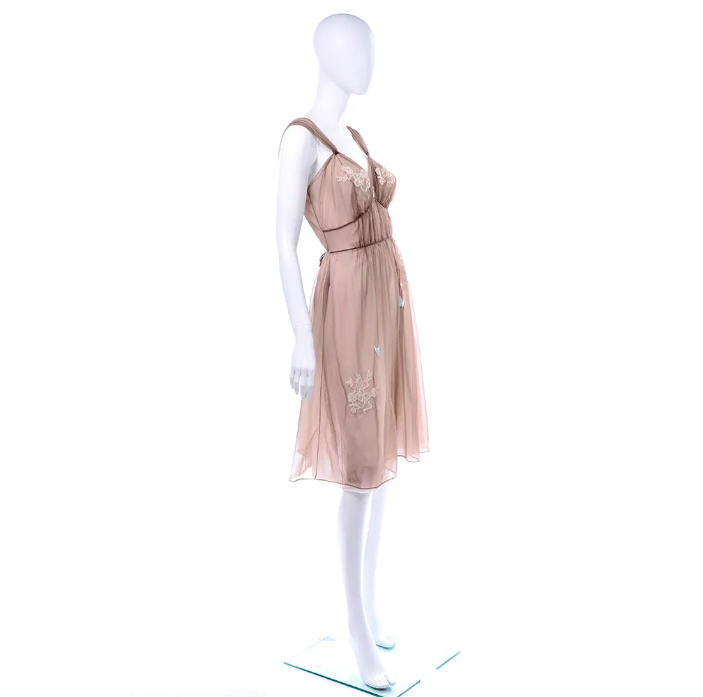 1960s's Brown Sheer Chiffon Nightgown w/ Lace & Butterfly Applique Detail