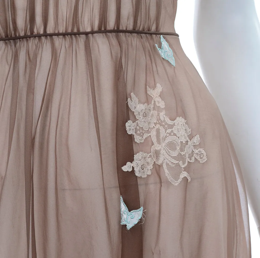 1960s's Brown Sheer Chiffon Nightgown w/ Lace & Butterfly Applique Detail