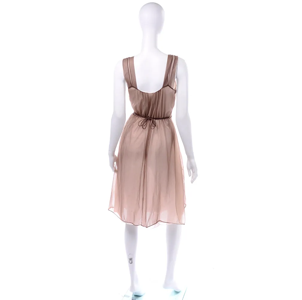 1960s's Brown Sheer Chiffon Nightgown w/ Lace & Butterfly Applique Detail