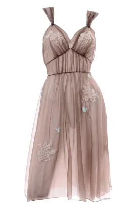 1960s's Brown Sheer Chiffon Nightgown w/ Lace & Butterfly Applique Detail