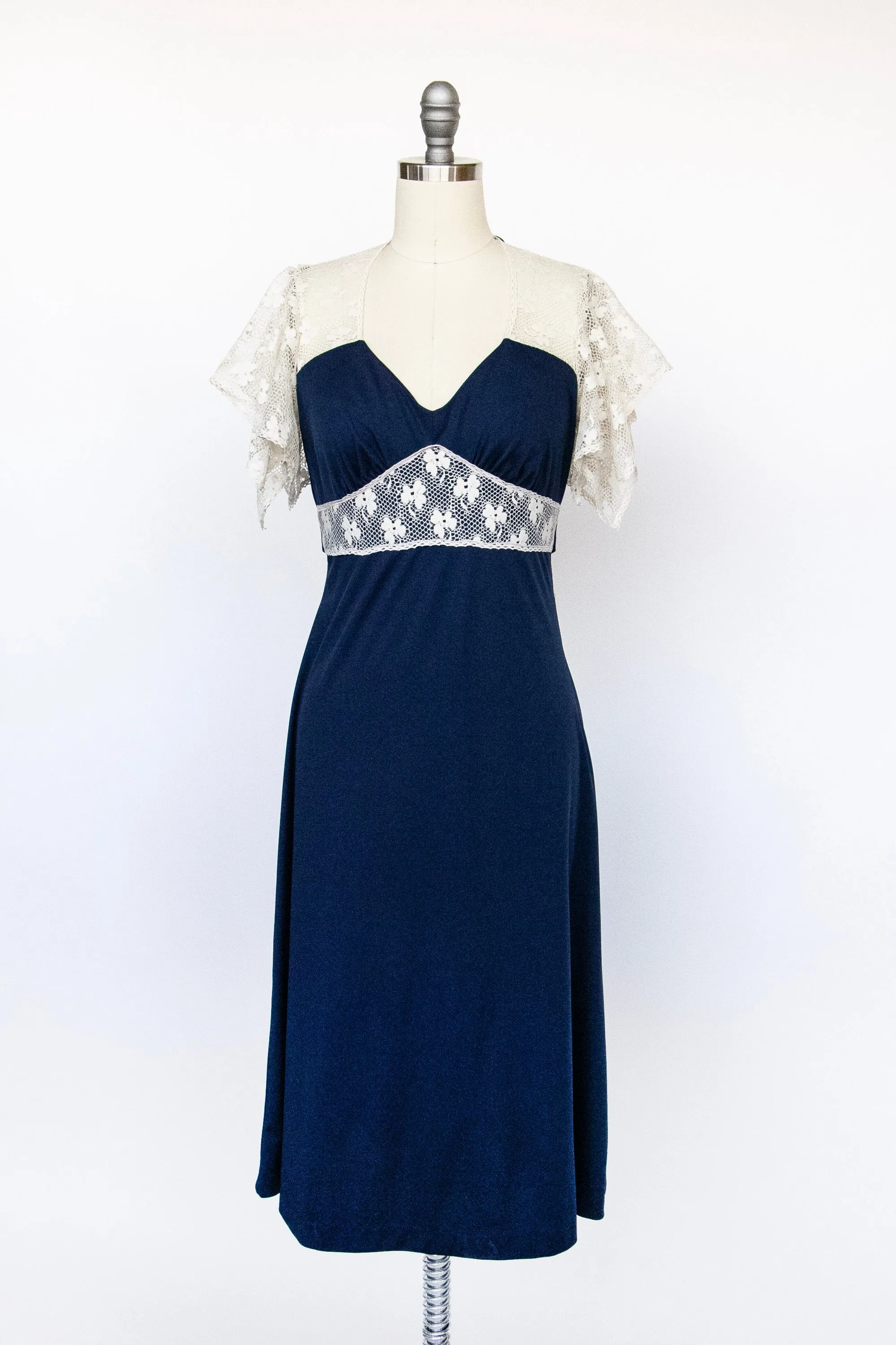 1970s Maxi Dress Lace Blue Knit S