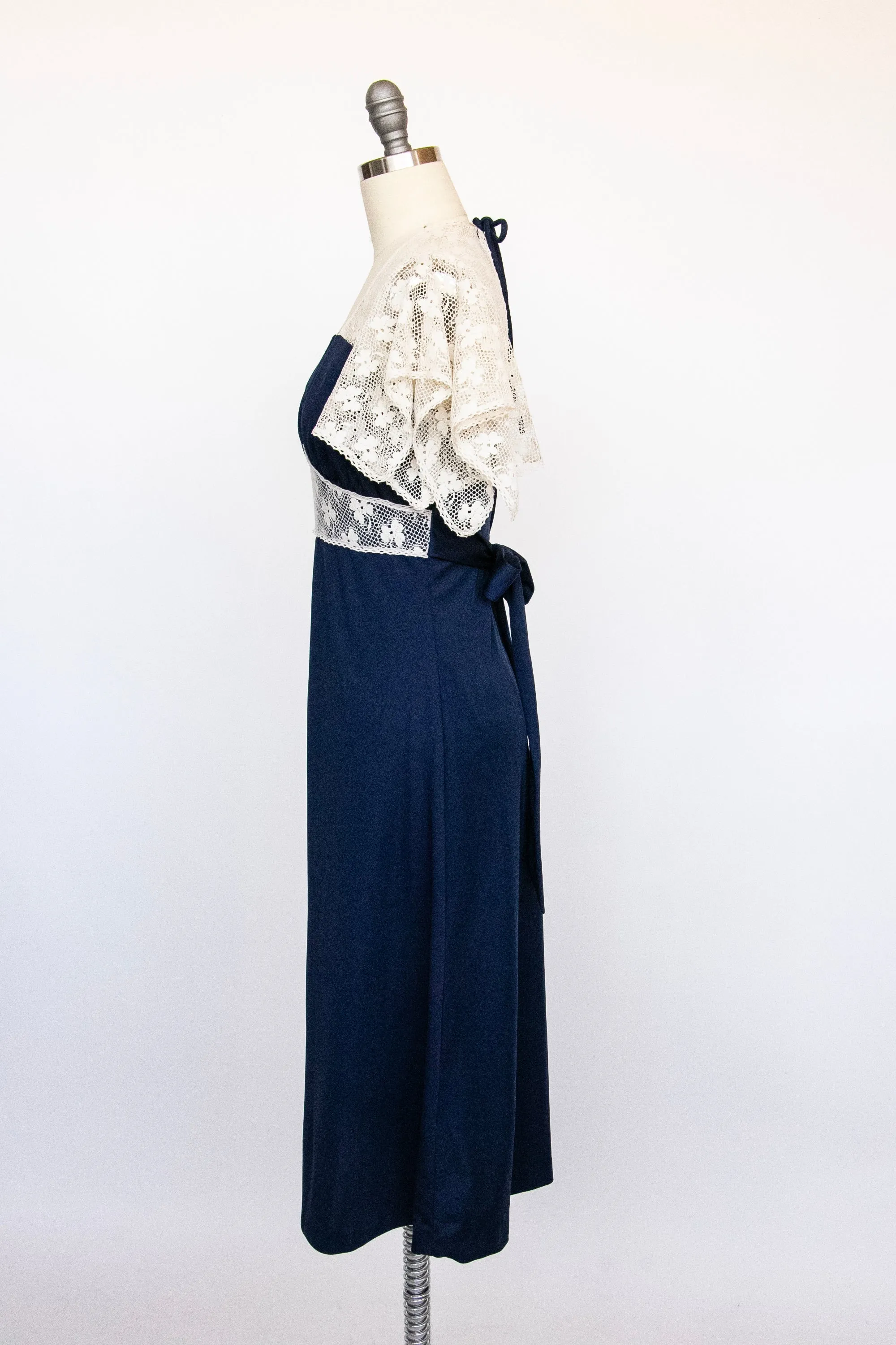 1970s Maxi Dress Lace Blue Knit S