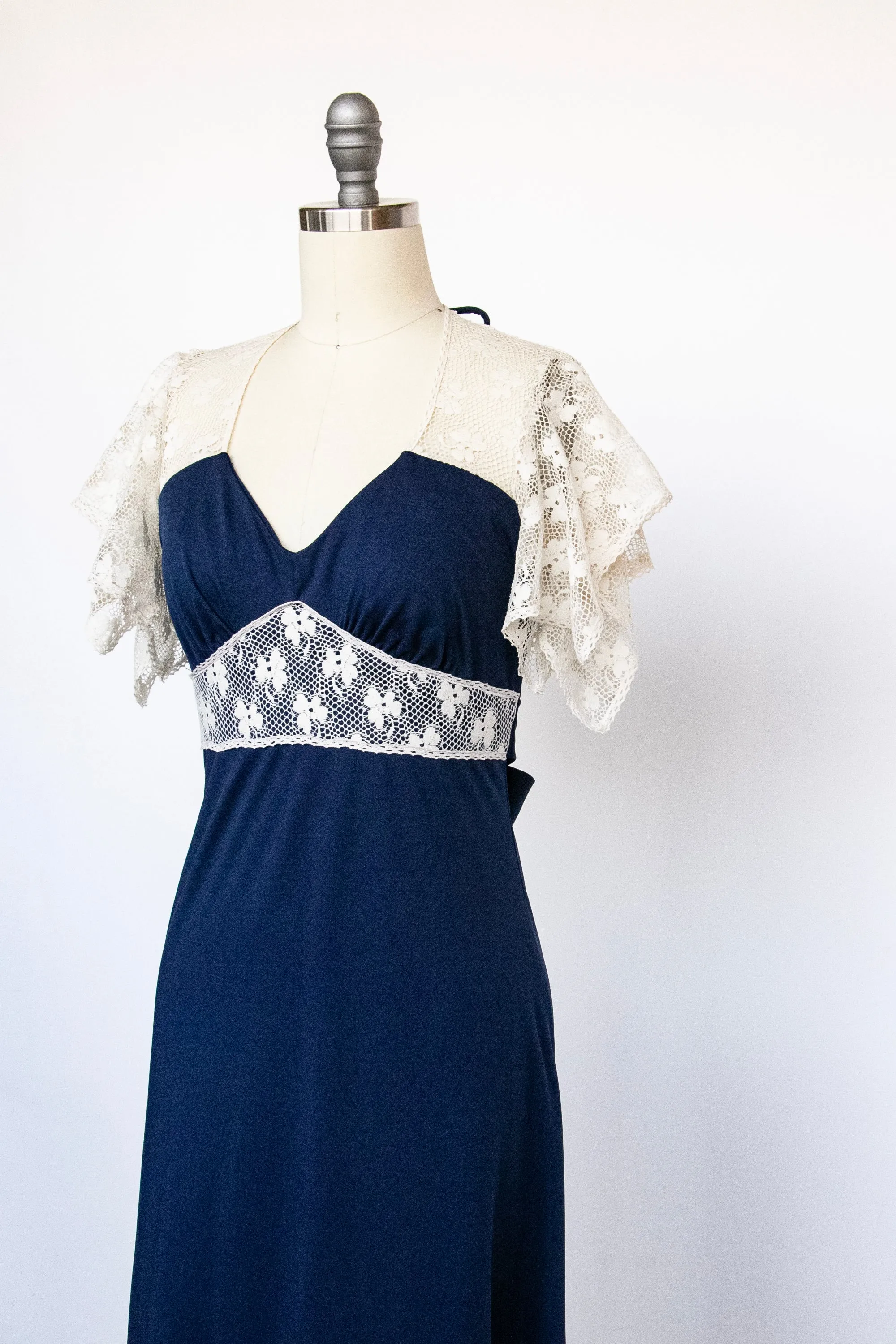 1970s Maxi Dress Lace Blue Knit S