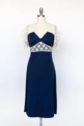 1970s Maxi Dress Lace Blue Knit S