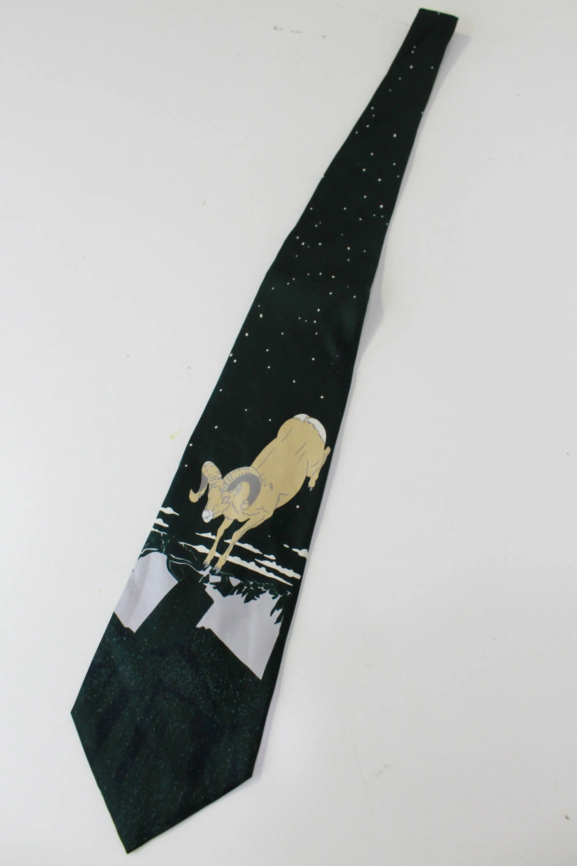 1970s Ram/Jumping Goat Print Necktie, Silk Roland Tie, Dark Green