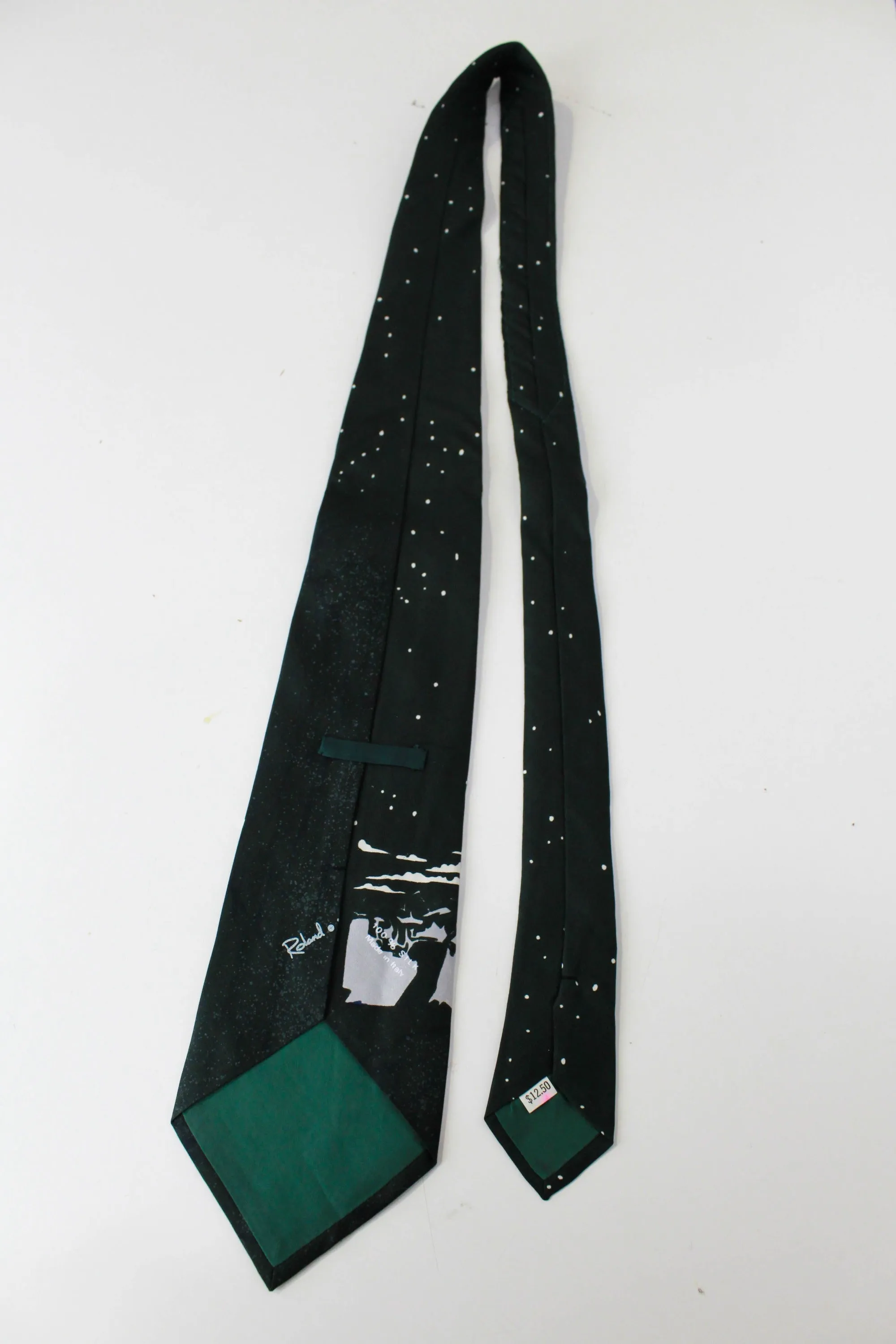 1970s Ram/Jumping Goat Print Necktie, Silk Roland Tie, Dark Green