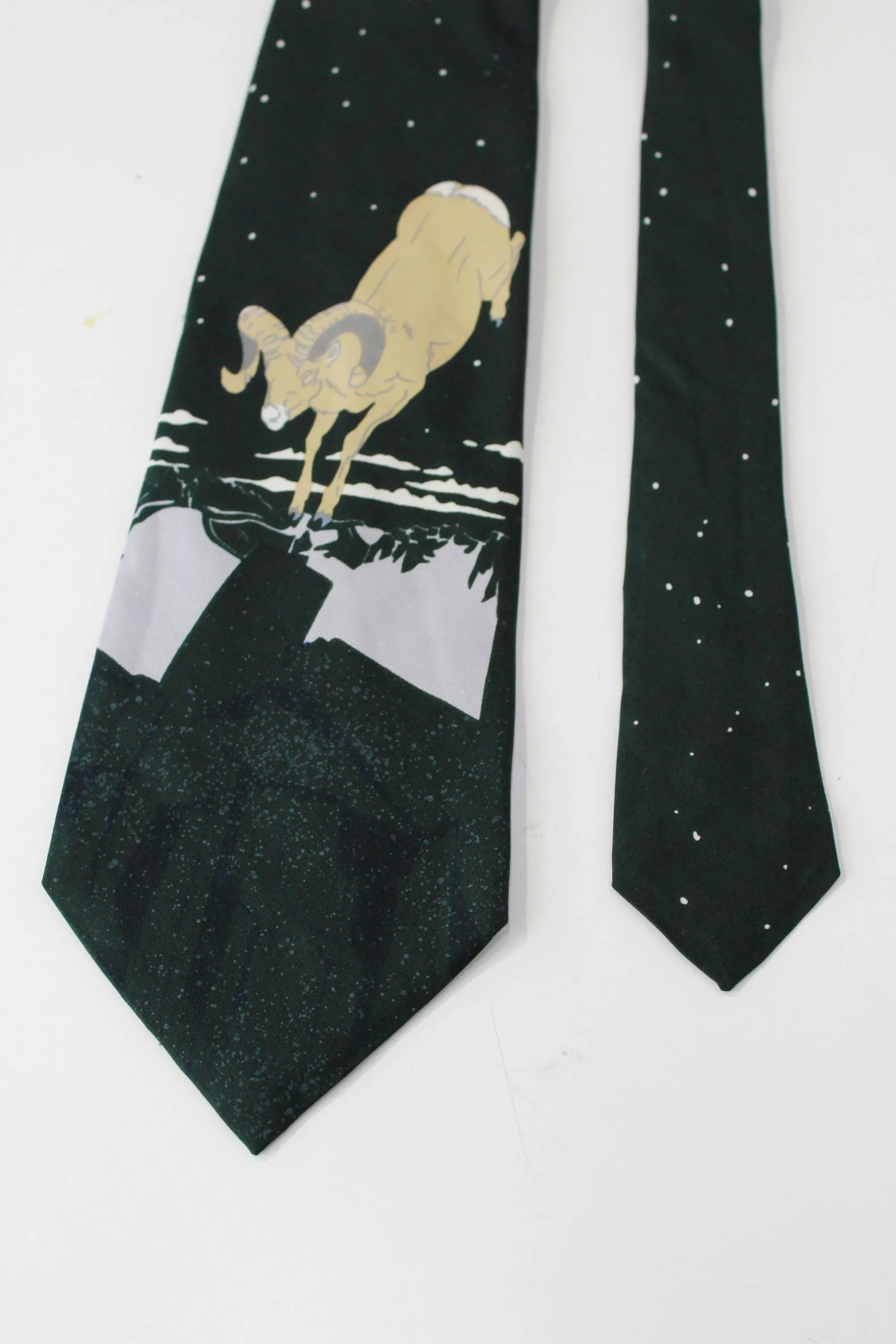 1970s Ram/Jumping Goat Print Necktie, Silk Roland Tie, Dark Green