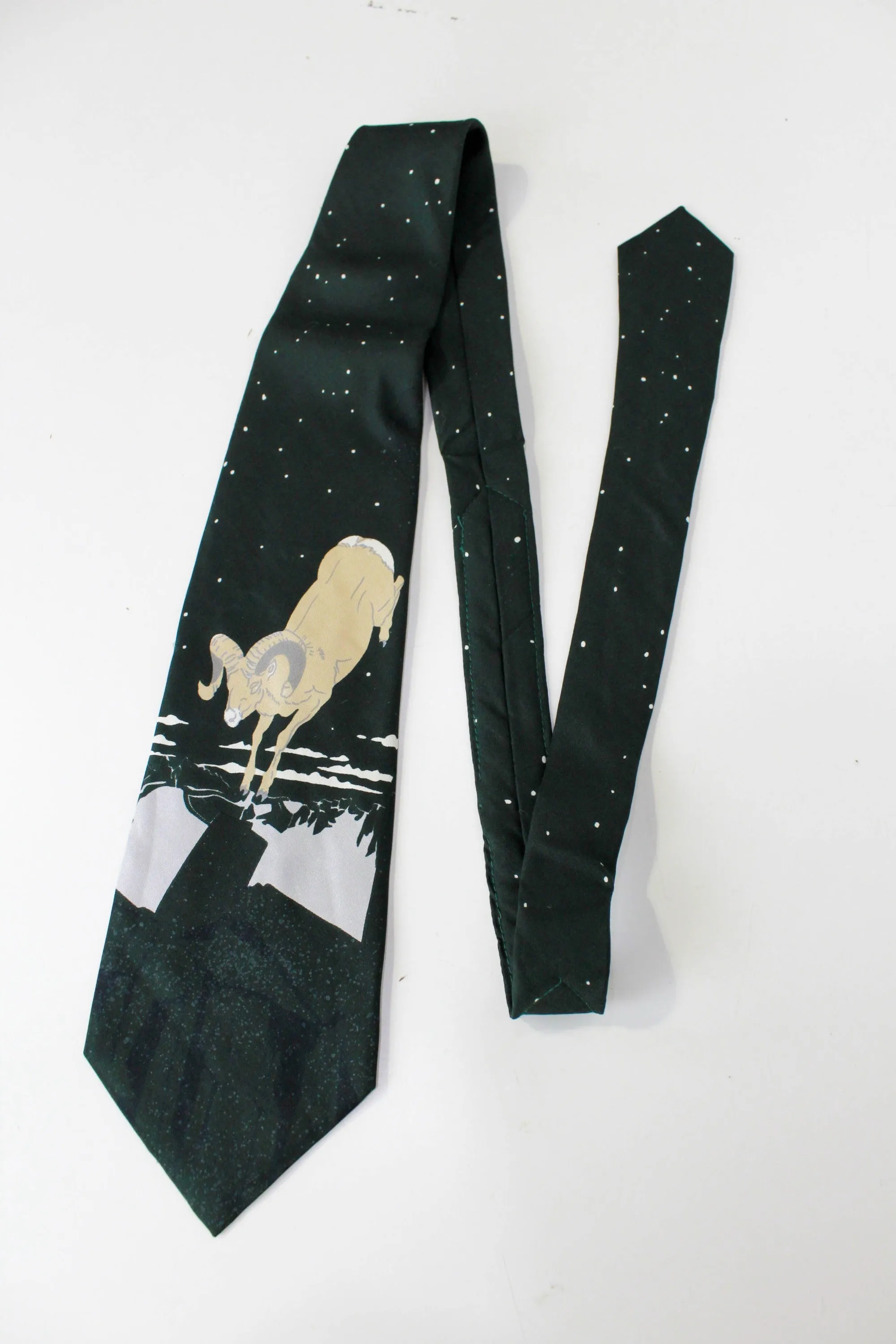 1970s Ram/Jumping Goat Print Necktie, Silk Roland Tie, Dark Green