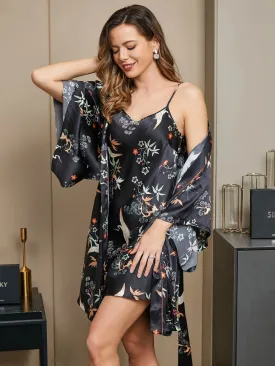 2Pcs Pure Silk Crane Printed Belted Nightgown&Dressing Gown Set