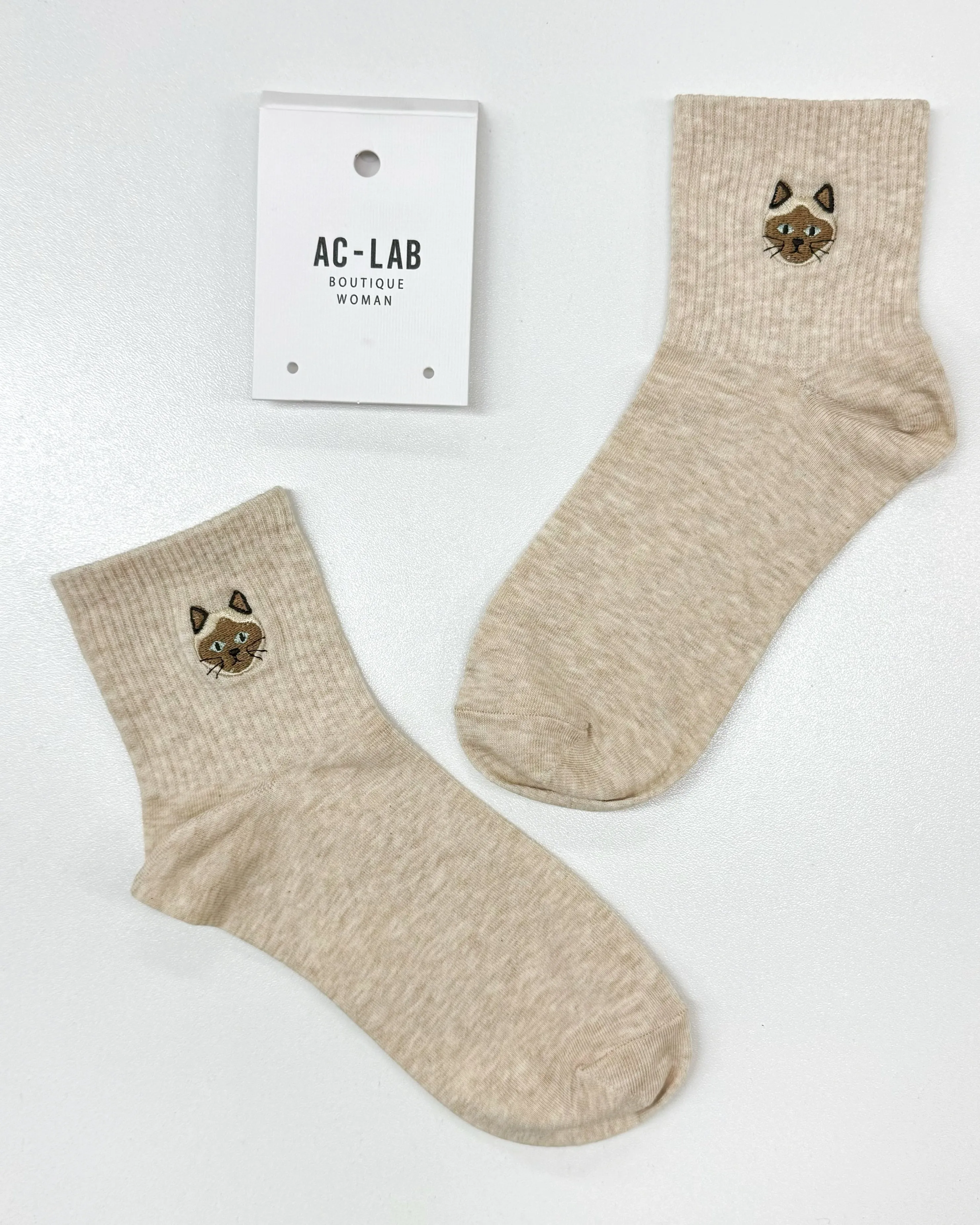 3 Qtr Crew Sock (Embroidered Siamese Cat)