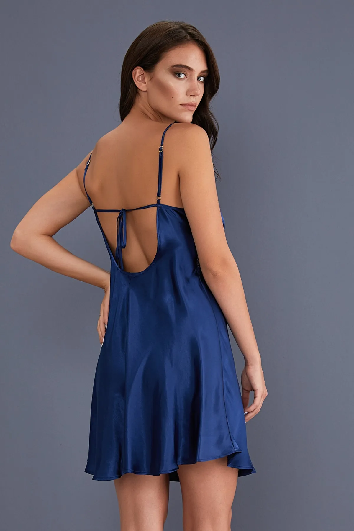 3802 Navy Blue Satin Nightgown Set