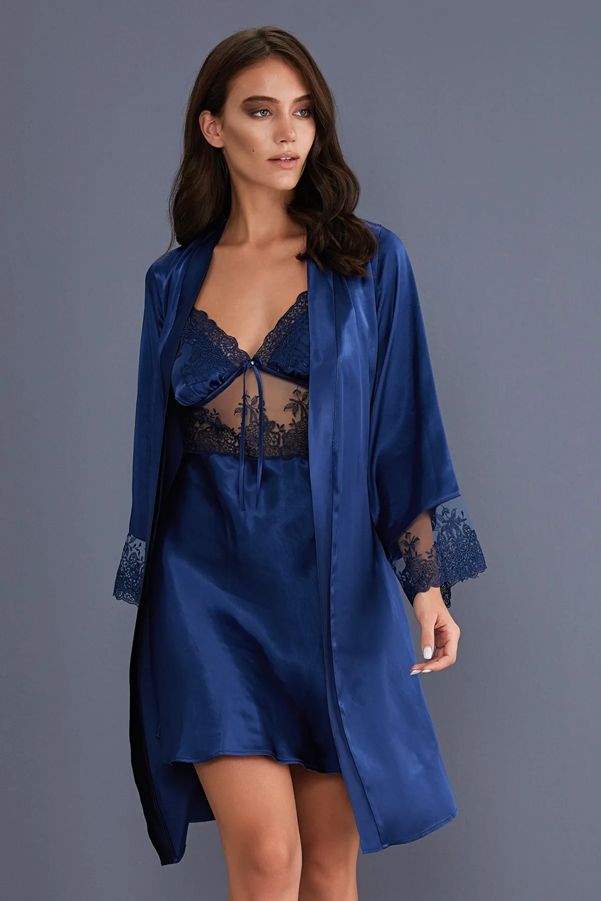 3802 Navy Blue Satin Nightgown Set