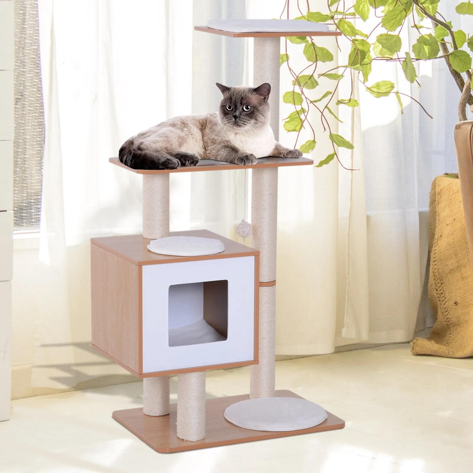 47"  Cat Tree Condo with Scratching Post - Natural Wood & White