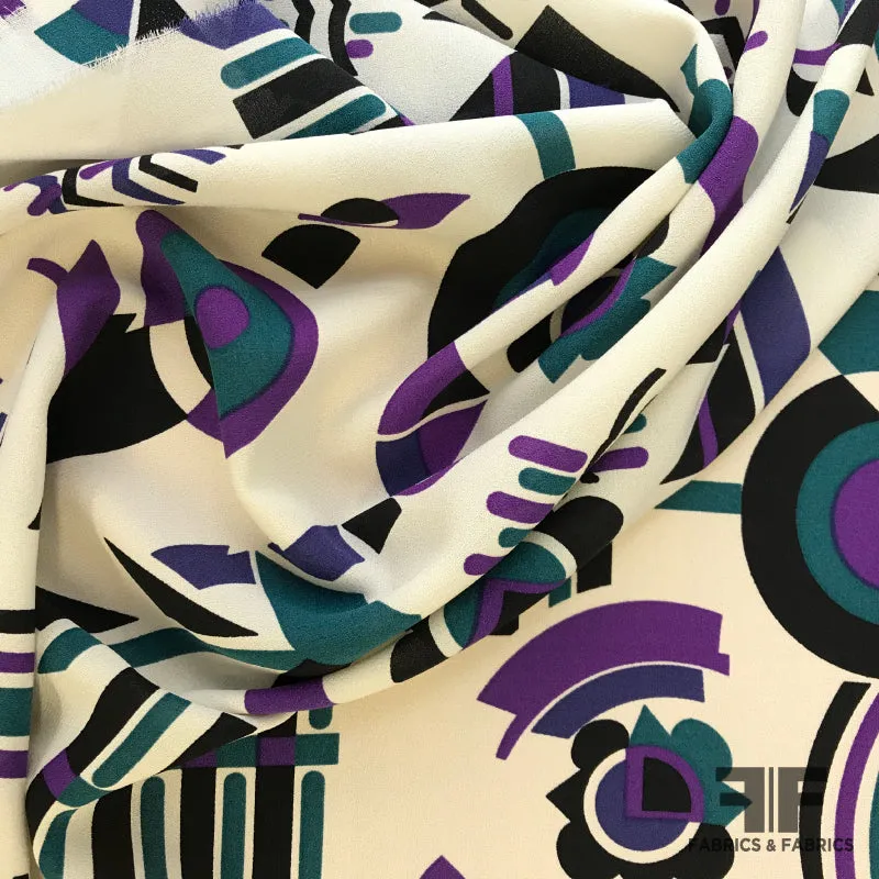 Abstract Ethnic Printed Silk Crepe - Cream/Purple/Teal/Black