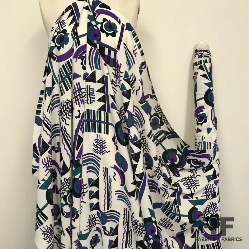 Abstract Ethnic Printed Silk Crepe - Cream/Purple/Teal/Black