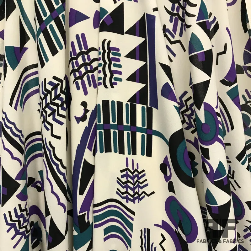 Abstract Ethnic Printed Silk Crepe - Cream/Purple/Teal/Black