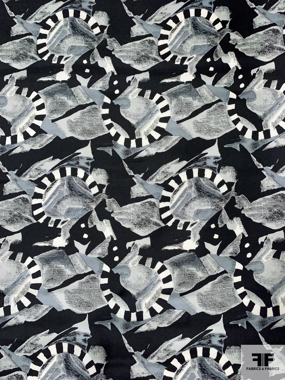 Abstract Graphic Printed Vintage Silk Twill - Grey / Black / Ivory