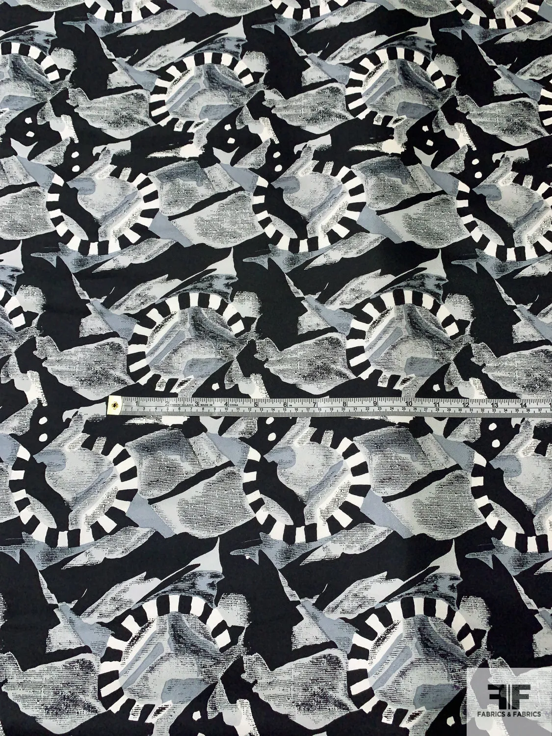 Abstract Graphic Printed Vintage Silk Twill - Grey / Black / Ivory