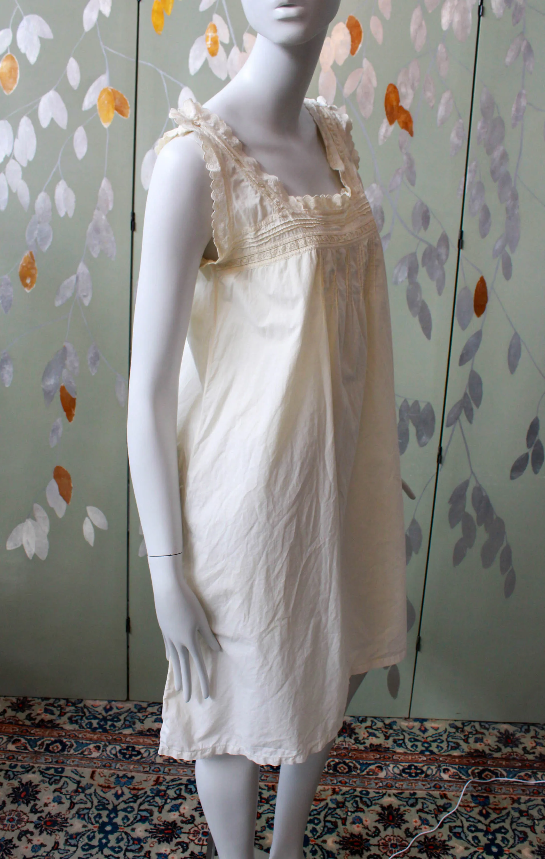 Antique White Cotton Nightgown with Circle Eyelet Trim, Large