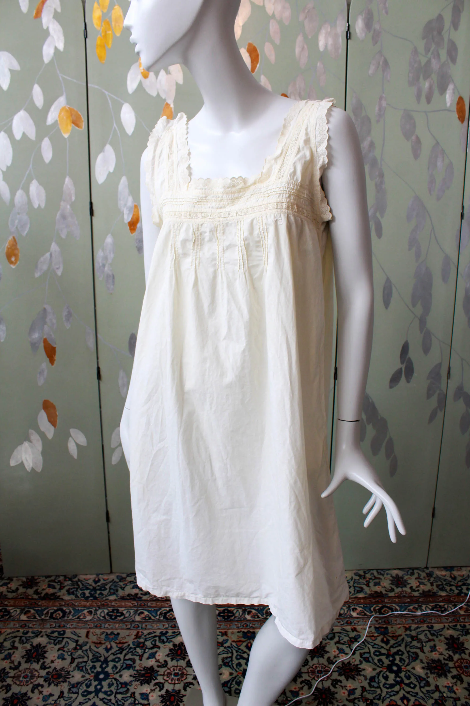 Antique White Cotton Nightgown with Circle Eyelet Trim, Large