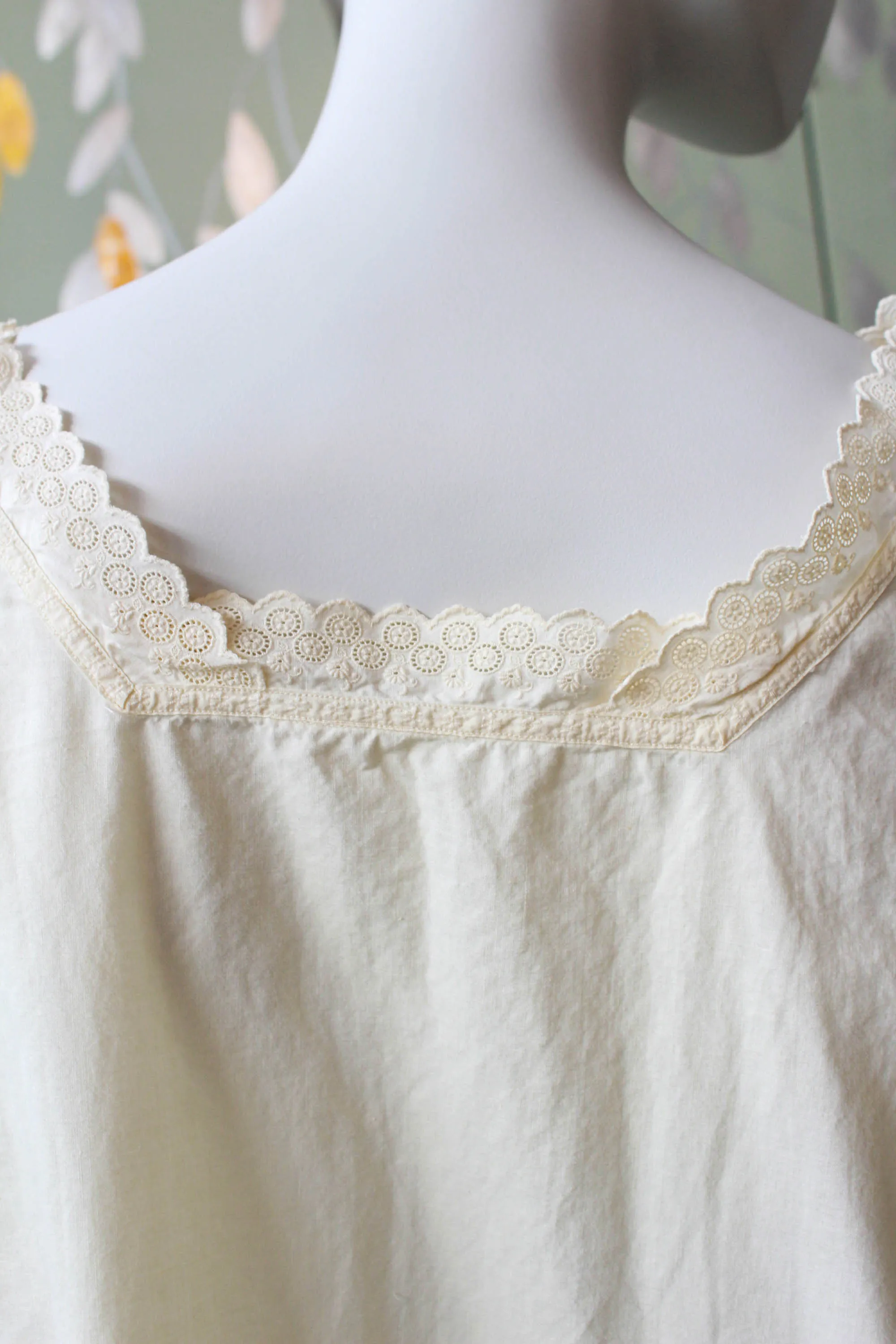 Antique White Cotton Nightgown with Circle Eyelet Trim, Large