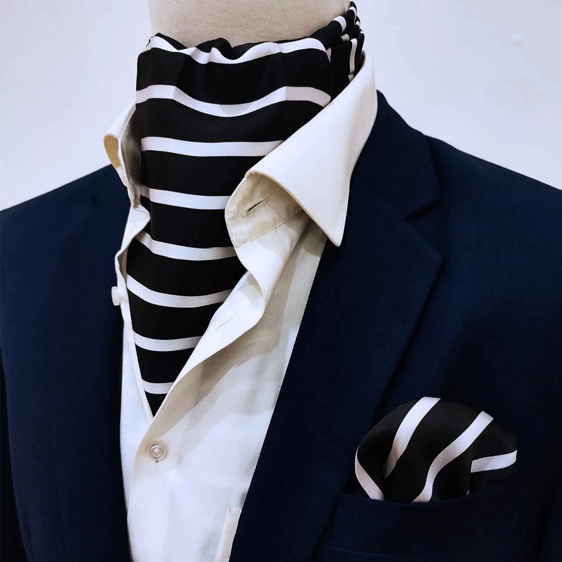 black with white - silk men ascot and pocket square set