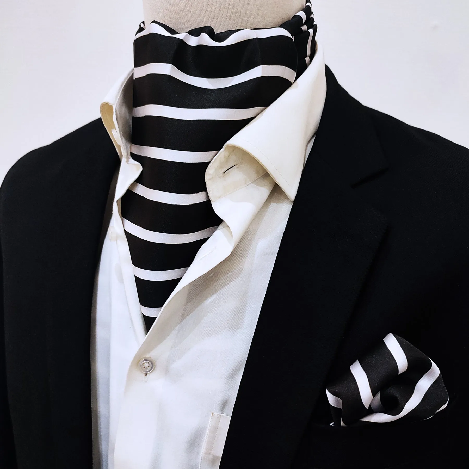 black with white - silk men ascot and pocket square set