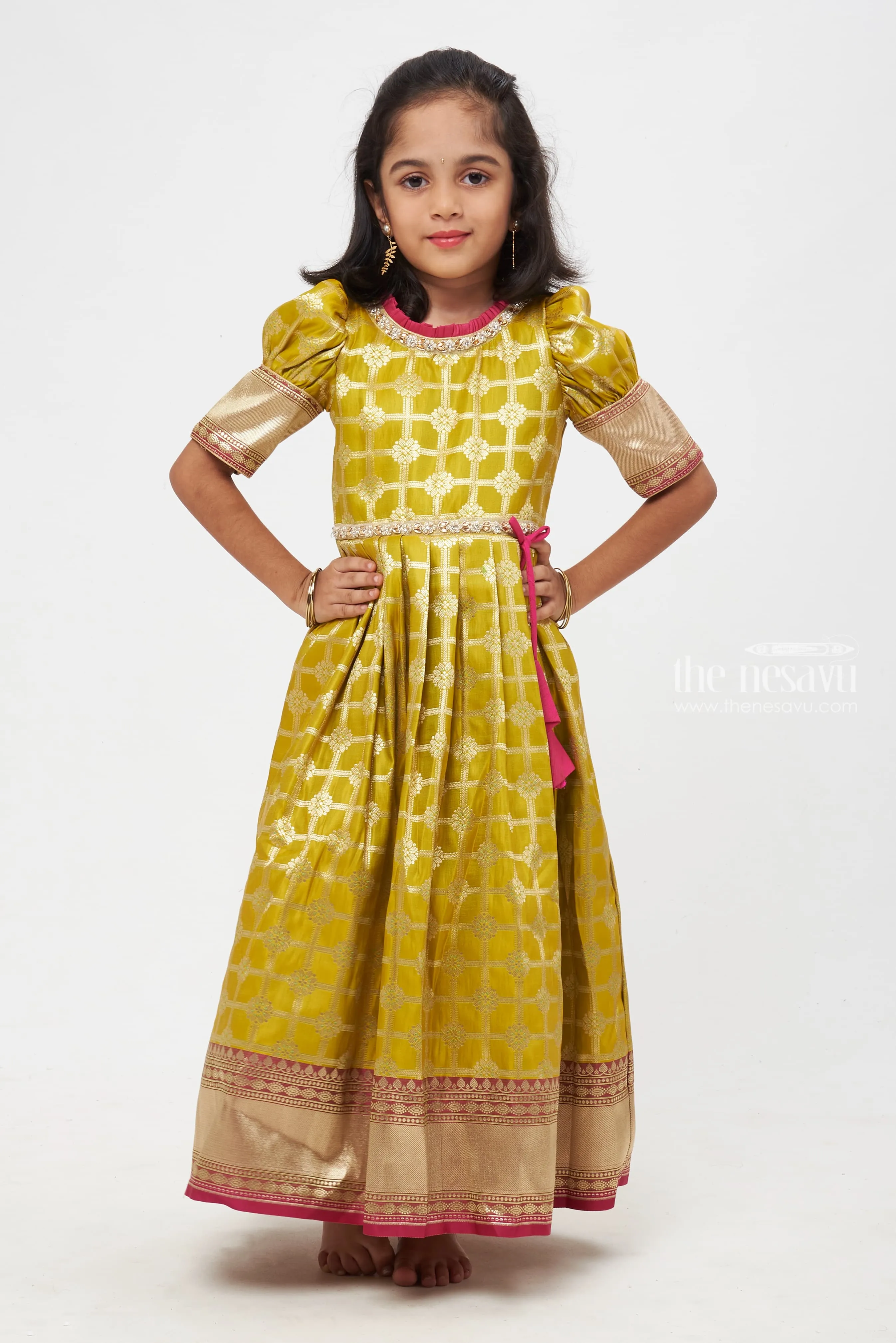 Blooming Chic: Green & Pink Zari Checkered Floral Pleated Jacquard Silk Gown for Girls