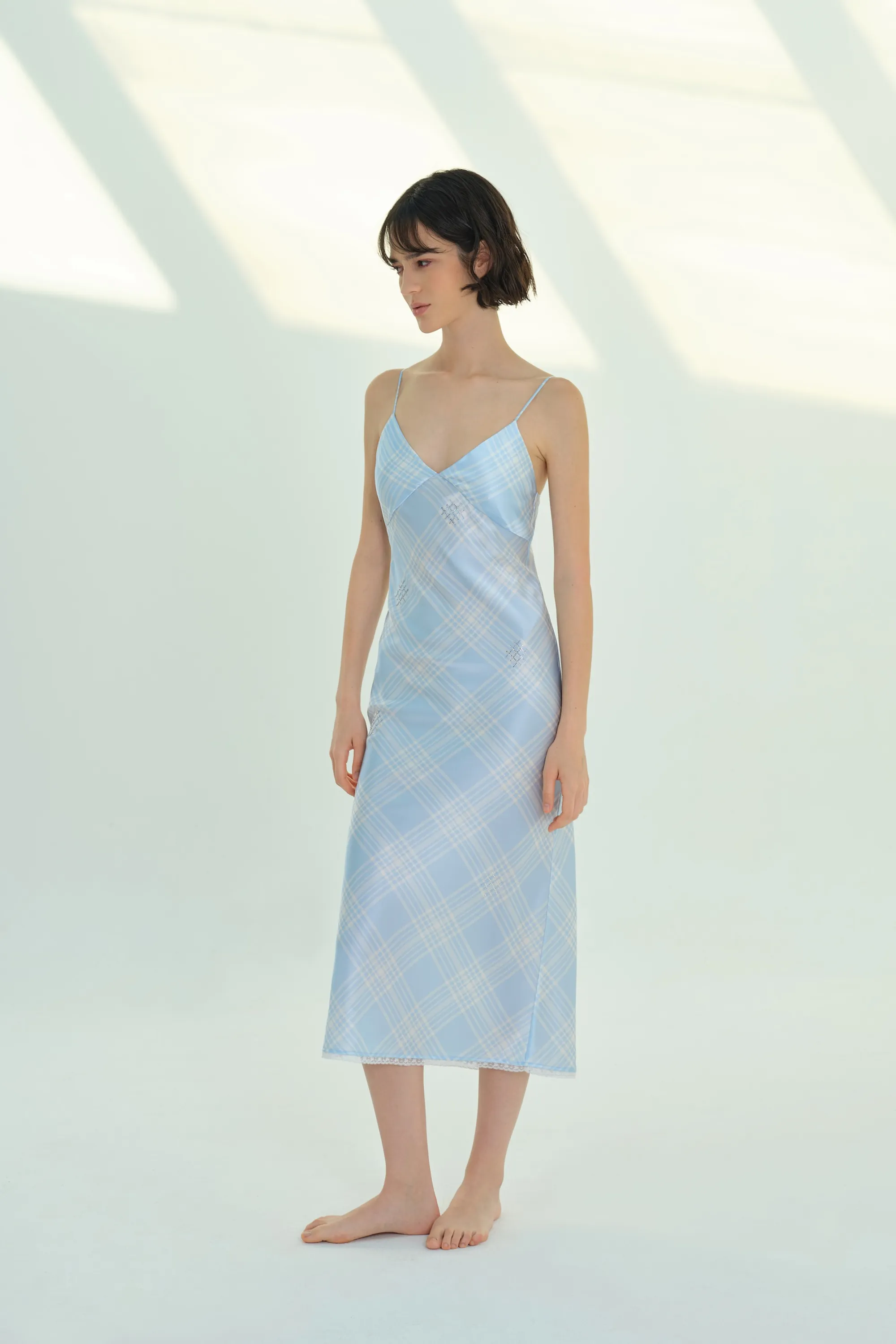 Blue Check Silk Nightgown