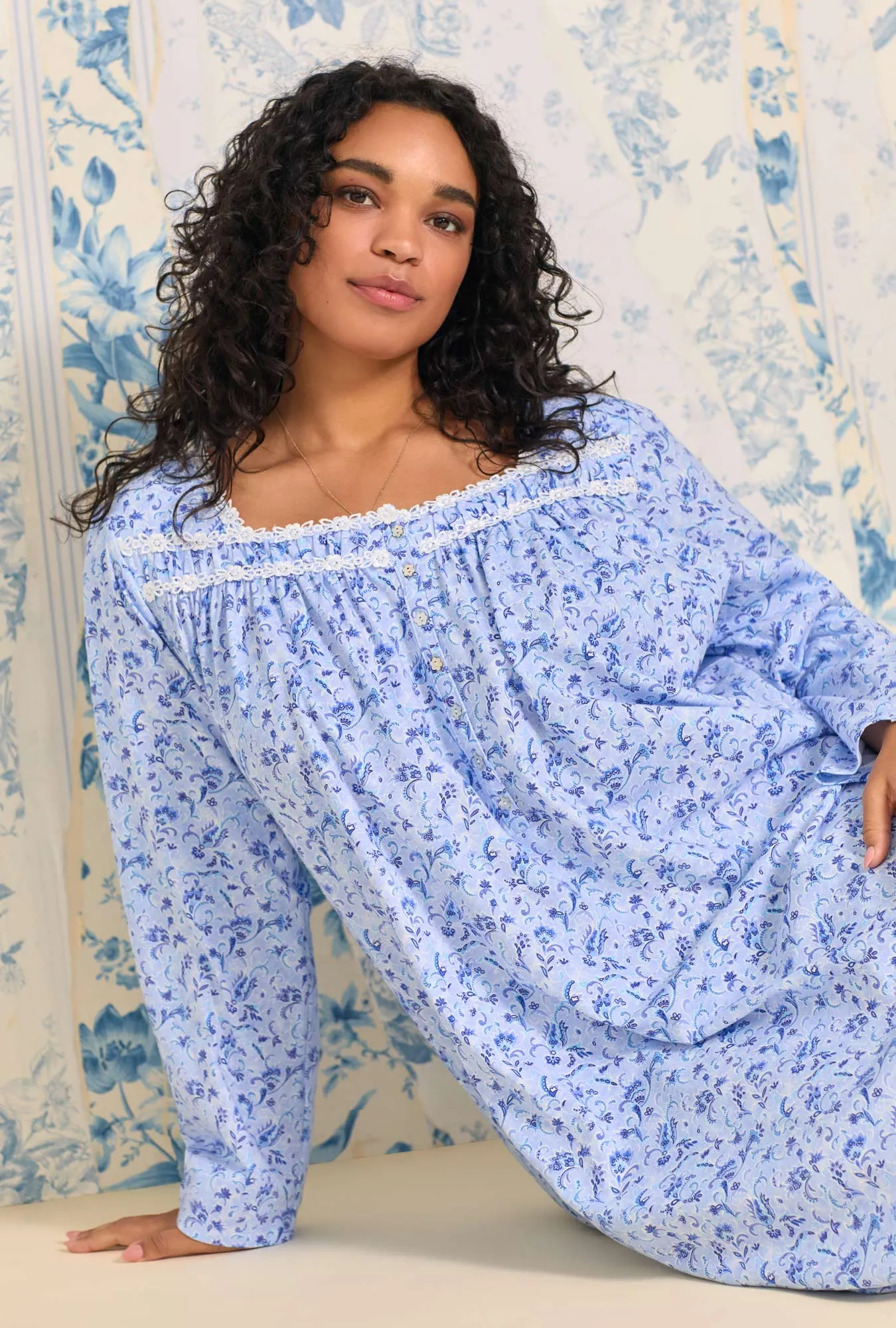 Blue Paisley Dream Long Cotton Knit Nightgown