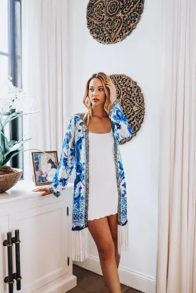 Blue/White Robe Duster with Fringe